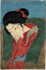 Opening page of volume one of the <i>Edo nishiki Azuma bunko</i> [江戸錦吾妻文庫] - Seductive <i>bijin</i> in winter biting her kimono