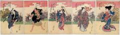 Nakamura Shikan II (中村芝翫) performing five roles in the play <i>Rangiku Tsuyu no Adamakura</i> [乱菊露仂枕] - from the  <i>Onagori Kyōgen Shosagoto gomai no uchi</i> (御名残狂言所作事五枚ノ内)