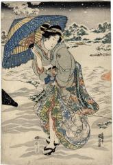 Courtesan with umbrella in snow - middle panel of a <i>mitate</i> triptych - title: <i>Gentoku fūsetsu ni Kōmei o tazureru</i> - 玄徳風雪訪孔明 - a parody of Gentoku visiting Kōmei in the snow  