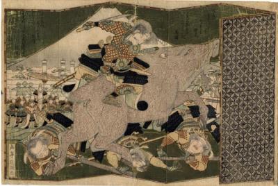 Nitan no Shirō (Tadatsune) hunting a wild boar in Yoritomo's hunting party near Mount Fuji