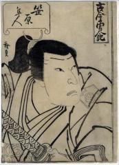 Key block  or <i>tameshizuri-e</i> bust portrait of an actor, [Jitsukawa Enzaburō I?] as Sasahara Hayato (笹原隼人) from the series <i>Kokin Yujinki</i> (古今勇人記) or <i>Record of Heroes Past and Present</i>