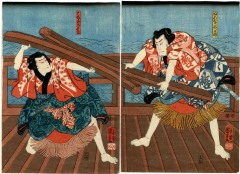 Ichimura Uzaemon XIII as the wrestler Chōkichi (はなれ駒長吉) and Nakamura Utaemon IV on the right as  Chōgorō (ぬれ髪長五郎) from the play <i>Diary of Two Butterflies in the Pleasure Quarters</i> (<i>Futatsu Chōchō Kuruwa Nikki</i> - 双蝶仝曲輪日記)