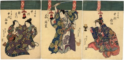 Nakamura Matsue III (中村松江) as the daughter or <i>musume</i> Karaori (娘綾織) on the right, Arashi Rikan II (嵐璃寛) as Mashiba Hisatsugu (真柴久次) in the center, Nakamura Utaemon III (中村歌右衛門) as Ishida no Tsubone (石田ノ局) and Nakamura Umesuke I (中村梅助) as Mashiba Hisaaki (真柴久秋) on the left from the play 'Snow, Moon, Flowers in the Pleasure Quarter' (<i>Keisei Setsugekka</i> [けいせい雪月花])