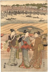 Courtesans of Tsutaya Teahouse with near the Ryōgoku Bridge - one panel of a pentaptych 