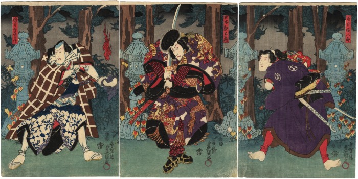 Iwai Kumesaburō III as Shirai Gonpachi (白井権八郎) on the right; Ichikawa Danjūrō VIII as Nippondaemon (日本駄右衛門) in the middle; and Seki Sanjūrō III as Banzui Chōbei (幡ずゐ長兵衛) on the left 