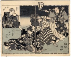 Two page illustration from from an <i>ehon</i> of Chapter 20 of the <i>Hokusetsu bidan jidai kagami</i> ('Uplifting Tale of Northern Snows' Mirror of the Ages -北雪美談時代加々見) 