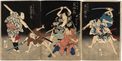 Triptych of the play <i>Sao no uta Kizugawa hakkei</i> (<i>Song of the boat pole: Eight views of the Kizu River</i> - 棹歌木津川八景)