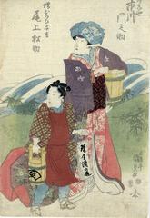 Ichikawa Monnosuke III (市川門之助) as Akoya (あこや), a mother with her son, played by Onoe Matsusuke III (尾上松助) as Hiroi Yokichi - from the play <i>Ise heishi ume no Mitegura</i> [伊勢平氏額英幣] - right hand panel 