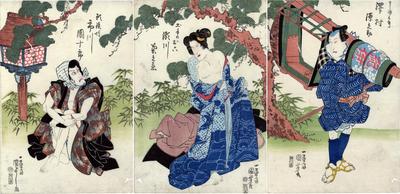 Triptych of Ichikawa Danjurō VII (市川団十郎) as Gantetsubō (願鉄坊) on the left, Segawa Kikunojō V (瀬川菊之丞) as Dote no Oroku (土手のお六) in the middle and Sawamura Gennosuke II (沢村源之助) as Denbei (伝兵衛) on the right