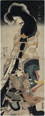 Onoe Shōroku I (尾上松緑) and Ichikawa Danjūrō VII in a scene from Shōroku's revival of the story of Princess Osakabe (<i>Matazoro Shōroko Osakabe banashi</i>)