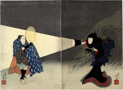 Iwai Shijaku I as Osuma no Kata on the right and Bandō Jūtarō I as Sasaya Hanbei in <i>Honobonoto ura no asagiri</i> ('Hidden on the Bay by the Morning Fog')