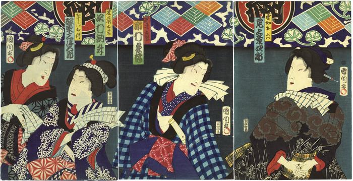 Right panel: Onoe Kikujirō II (尾上菊次郎) as Kumokiri Oroku (雲切お六);  center: Ichimura Kakitsu IV (市村家橘) as Subashiri Okuma (洲走お熊); left: Bandō Mitsugorō VI (坂東三津五郎) as Osaraba Oden (おさらばお伝)  and Sawamura Tosshô II (沢村訥升) as Kinezumi Okichi (木鼠お吉) 