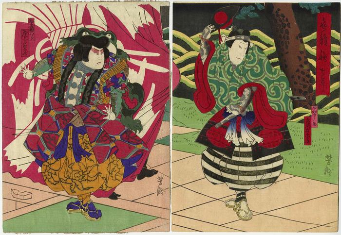 Ichikawa Udanji I [市川右団治] as Kainosuke [甲斐之助] on the right and Onoe Tamizō II [尾上多見蔵] as Komakine Hachirō [駒木根八郎] on the left, in <i>Irokurabe Aki no Nanakusa</i> (色競秋七草) [(sic) - actually <i>Keisei Nazuna no Sekku</i> - けいせい薺佳節] 
