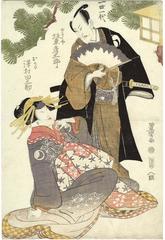 Bandō Hikosaburō III (坂東彦三郎) as Yuranosuke (由良之介) standing and Sawamura Tanosuke II (沢村田之助) as Okaru (おかる) in the play <i>Kanadehon Chūshingura</i> ['Copybook of the Treasury of Loyal Retainers': 仮名手本忠臣蔵] 