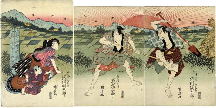 Ichikawa Ebijūrō I (市川鰕十郎) as Ukisu no Iwamatsu (うきすの岩松) on the right, Arashi Kitsusaburō II (嵐吉三郎) as the farmer Jūsaku (百姓十作) in the center,  Sawamura Kunitarō II (沢村國太郎) as Jūsaku's wife [<i>nyōbō</i>] Okinu (十作女房お絹) on the left in <i>Keisei kakehashi monogatari</i> (けいせい棧物語) 