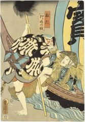 Nakamura Fukusuke I 中村福助 as both a boatman (<i>sendō</i> - 船頭) and a processional standard-bearer (<i>gyōretsu yakko</i> - 行れつ奴), a series related to <i>Meiga zukushi no uchi Shosagoto</i> (名画尽の内 所作事 - 'Dances based on famous paintings')