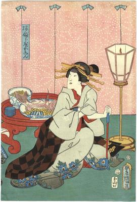 Iwai Kumesaburō III (岩井粂三郎) as Aburaya Okon (油屋おこん) in the play<i>Ise Ondo Koi no Netaba</i> [伊勢音頭恋寝刃] 