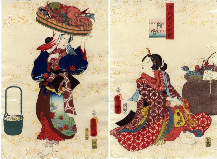A diptych from the series <i>Lingering Sentiments of a Late Collection of Genji</i> (<i>Genji goshū yojō</i> - 源氏後集余情): the two women represent Chapter 17, <i>E-awase</i> (The Picture Contest - 絵合)
