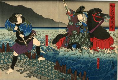 Kataoka Gadō II as Taga no Taishu (多賀大守) on the right and Onoe Tamizō II as Torii Matasuke (鳥井又助)  in the play <i>Kagamiyama Sugata no Utsushie</i> (加賀見山姿写絵)