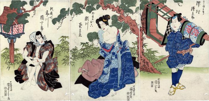 Triptych of Ichikawa Danjurō VII (市川団十郎) as Gantetsubō (願鉄坊) on the left, Segawa Kikunojō V (瀬川菊之丞) as Dote no Oroku (土手のお六) in the middle and Sawamura Gennosuke II (沢村源之助) as Denbei (伝兵衛) on the right