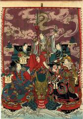 Actors from a Soga Brothers play as the Seven Gods of Good Fortune on the Treasure Ship (役者見立宝船) from the play <i>Nami Nori Soga Hana no Kagekiyo</i> (浪乗曽我花景清)