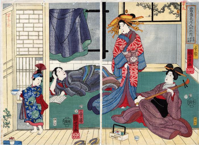 The Upstairs Parlor of a Brothel (<i>Nikai zashiki no zu</i> - 二かい座敷の図) from the series <i>Modern Select Dolls</i> (<i>Tōsei mitate ningyō no uchi</i> - 當盛見立人形之内)