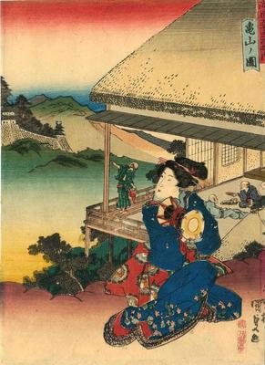 View of Kameyama (<i>Kameyama no zu</i>: 亀山ノ図) from the series Fifty-three Stations of the Tōkaidō Road (<i>Tōkaidō gojūsan tsugi no uchi</i>: 東海道五十三次之内) 