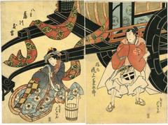Onoe Kikugorō III (三代目尾上菊五郎) as Sakuramaru (桜 丸) on the right with Fujikawa Tomokichi II (二代目藤川友吉) as Sakuramaru’s wife (nyōbō) Yae (女房八重) in <i>Sugawara denju tenarai kagami</i> (<i>Mirror of learning & transmitting Sugawara's secrets of calligraphy</i>: 菅原伝授手習鑑) 