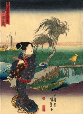 View of Yokkaichi (<i>Yokkaichi no zu</i>: 四日市之図) from the series Fifty-three Stations of the Tōkaidō Road (<i>Tōkaidō gojūsan tsugi no uchi</i>: 東海道五十三次之内)
