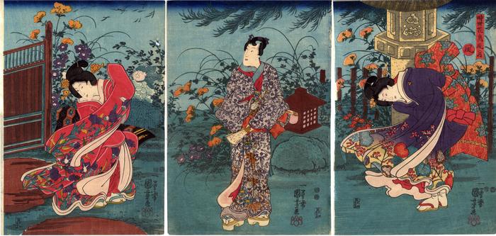 <i>Wind</i> (<i>Kaze</i> - 風) triptych from the series <i>Modern Flowers and Birds, Wind, and Moon</i> 
(Jisei kachō-fūgetsu - 時世花鳥風月) - Rustic Genji theme