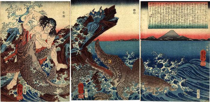 Asahina Saburō Yoshihide (朝比奈三郎義秀) wrestling with two crocodiles at Kotsubo beach, Kamakura