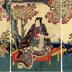 Triptych of Mitsuuji with two <i>bijin</i> near cherry blossoms - a Rustic Genji theme - possible titile: <i>Hanasakari</i> or 'Cherry blossoms at their best at Ueno' (花さか里)