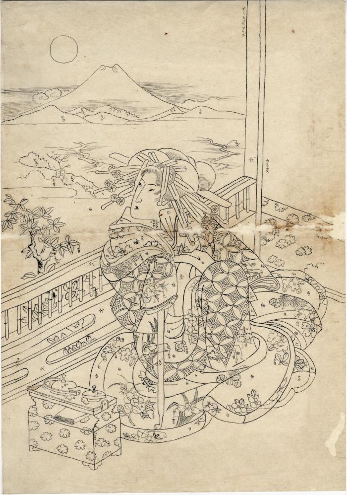 Preparatory Drawing of a Parody of Zhu Wu the Divine Strategist, Hanaogi of the Oiya (<i>Shinkigunshi Shubu no mitate, Hanaogi no Ogiya</i>)