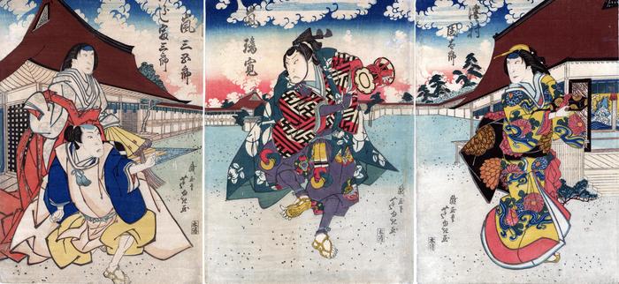 From the left: Sawamura Kunitarō II (沢村国太郎), Arashi Rikan II (嵐璃寛), Arashi Sangorō IV (嵐三五郎) and Arashi Tomisaburō II (あらし富三郎) in imagined roles, a <i>mitate</i>
