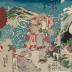 Ichikawa Danjūrō VIII (八代目市川団十郎) as the White-pawed monkey (Tejiro no saru - 手白ノ猿) and Ichikawa Shinnosuke III (市川新之助) as the small monkey (小ざる) - center panel of a triptych of the play <i>Hana to Mimasu Itoshitsu no Moji</i> [花三升恋いの字]