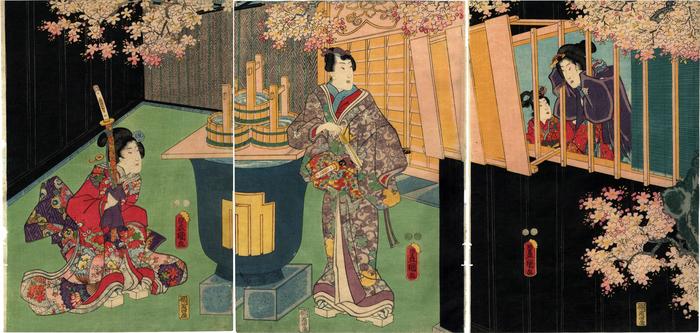 Rustic Genji triptych - Mitsuuji viewing cherry blossoms in the Yoshiwara