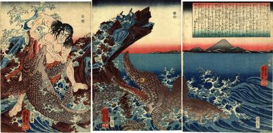 Asahina Saburō Yoshihide (朝比奈三郎義秀) wrestling with two crocodiles at Kotsubo beach, Kamakura
