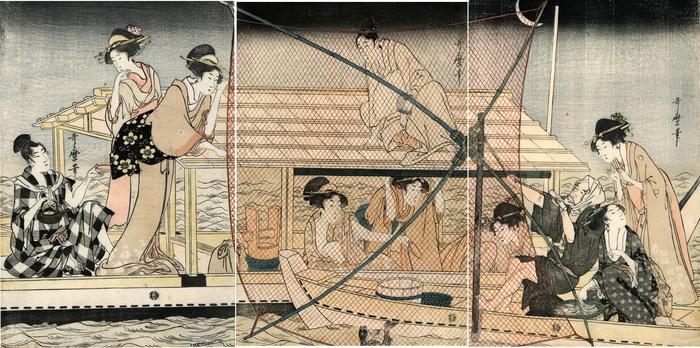Fishing with a four armed scoop-net (<i>yotsude ami</i> - 四つ手網)  by the light of a crescent moon