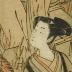 Young courtesan on horseback being assisted by a young man, possibly her lover - with Mt. Fuji looming in the background