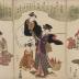 The right-hand panel of a triptych of <i>Women Masquerading as the Seven Gods of Good Fortune</i> (<i>Shichifukujin</i> - 七福神): Daikoku with a mallet and Benzaiten with a <i>biwa</i> and a young attendant