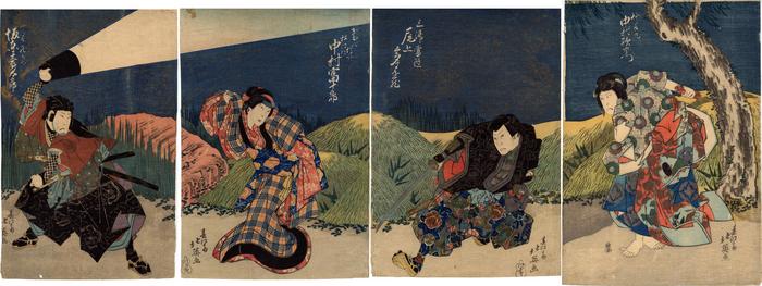 From right to left: Nakamura Utaemon III (中村歌右衛門) as Sutewakamaru (捨若丸); Onoe Tamizō II (尾上多見蔵) as Miura Hitachi (三浦常陸); Nakamura Tomijūrō II (中村富十郎) as Gion Okaji (ぎおんおかじ);  Bandō Jūtarō I (坂東寿太郎) as Saito Kuranosuke (斎藤蔵之助) in the play <i>Keisei chigogafuchi</i> ('The Chigogafuchi Pool')