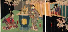 Rustic Genji triptych - Mitsuuji viewing cherry blossoms in the Yoshiwara
