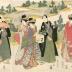 Sawamura Gennosuke I [初代沢村源之助] with two <i>bijin</i> gathering pine branches or a New Year's celebration from the series 十二組の内 (<i>Jūni kumi no uchi</i>) - center panel of a triptych