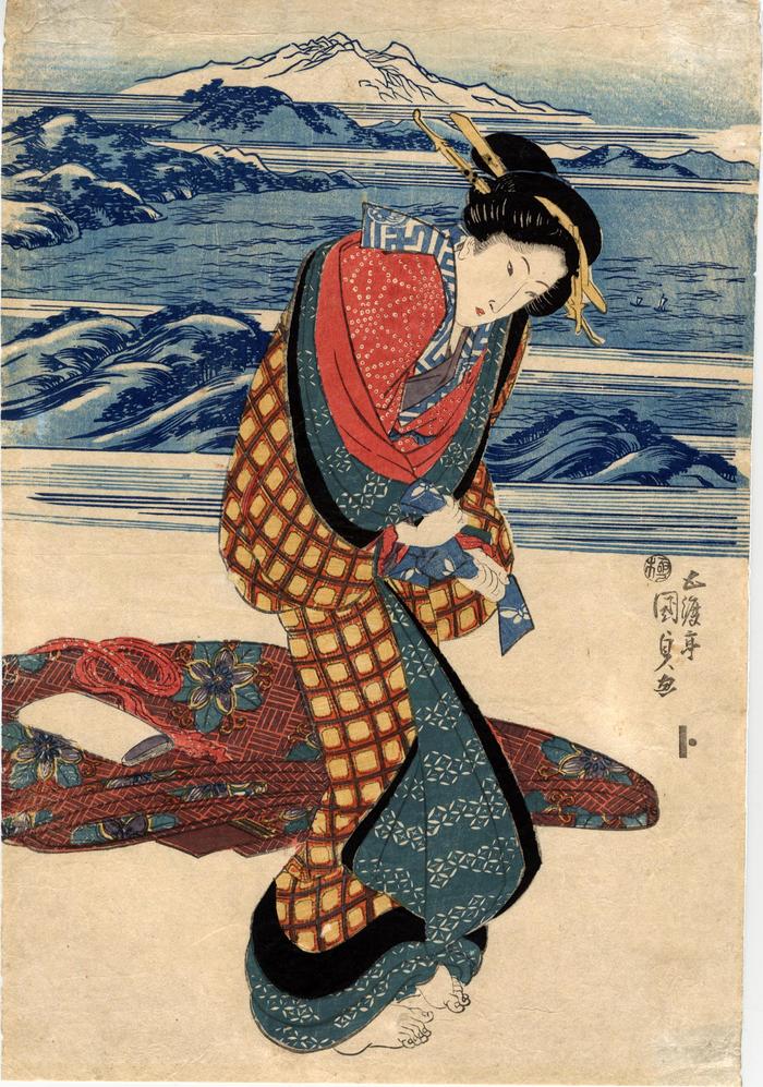 Standing <i>bijin</i> tying her <i>koshihimo</i> (腰紐) - with an <i>aizuri-e</i> background