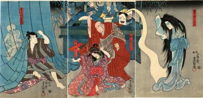 From the play <i>Iro moyo chotto karimame</i> (色彩間苅豆) Bandō Hikosaburō IV [坂東彦三郎] as Kinoshita Yoemon [木下川与右衛門] on the left, in the middle are Ichikawa Dannosuke V [市川団之助] as Inaka musume Oriki (田舎娘おりさ) and Nakamura Shibajaku I [中村芝雀] as Yūnen Shōnin (祐念上人) and Onoe Kikujirō II [尾上菊次郎] on the right as the ghost of Kasane [累ゆうこん]