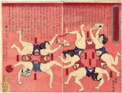 Diptych: The heated stages of pregnancy (in a lighter vein) - five heads, ten bodies (<i>Mimochi on’na natsu no tawamure – Gotō juttai no zu</i> - 妊婦炎暑戯 一名五頭十體の図)