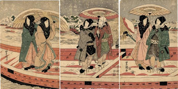 Six prominent kabuki actors on a winter outing 