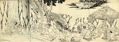 Preliminary drawing (<i>shita-e</i>) for a tetraptych - Utagawa School - A place of pilgrimage - a temple district with waterfall