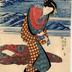 Standing <i>bijin</i> tying her <i>koshihimo</i> (腰紐) - with an <i>aizuri-e</i> background