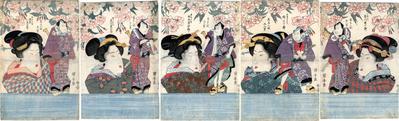 Pentaptych: <i>bijin</i> holding puppets of actors as <i>otokodate</i> - from the left - Bandō Mitsugorō III (坂東三津五郎) as An no Heibei (安ノ平兵衛), Onoe Kikugorō III (尾上菊五郎) as Gokuin Sen'emon (極印千右衞門), Matsumoto Kōshirō V (松本幸四郎) as Kaminari Shōkurō (雷庄九郎), Seki Sanjūrō II (関三十郎) as Hotei Ichiemon (布袋市右衛門) and Ichikawa Danjūrō VII (市川團十郎) as Karigane Bunshichi (雁金文七) - from 'Five Chivalrous Men as Puppets' (<i>Mitate ningyō gonin otoko</i> - 見立人形五人男)